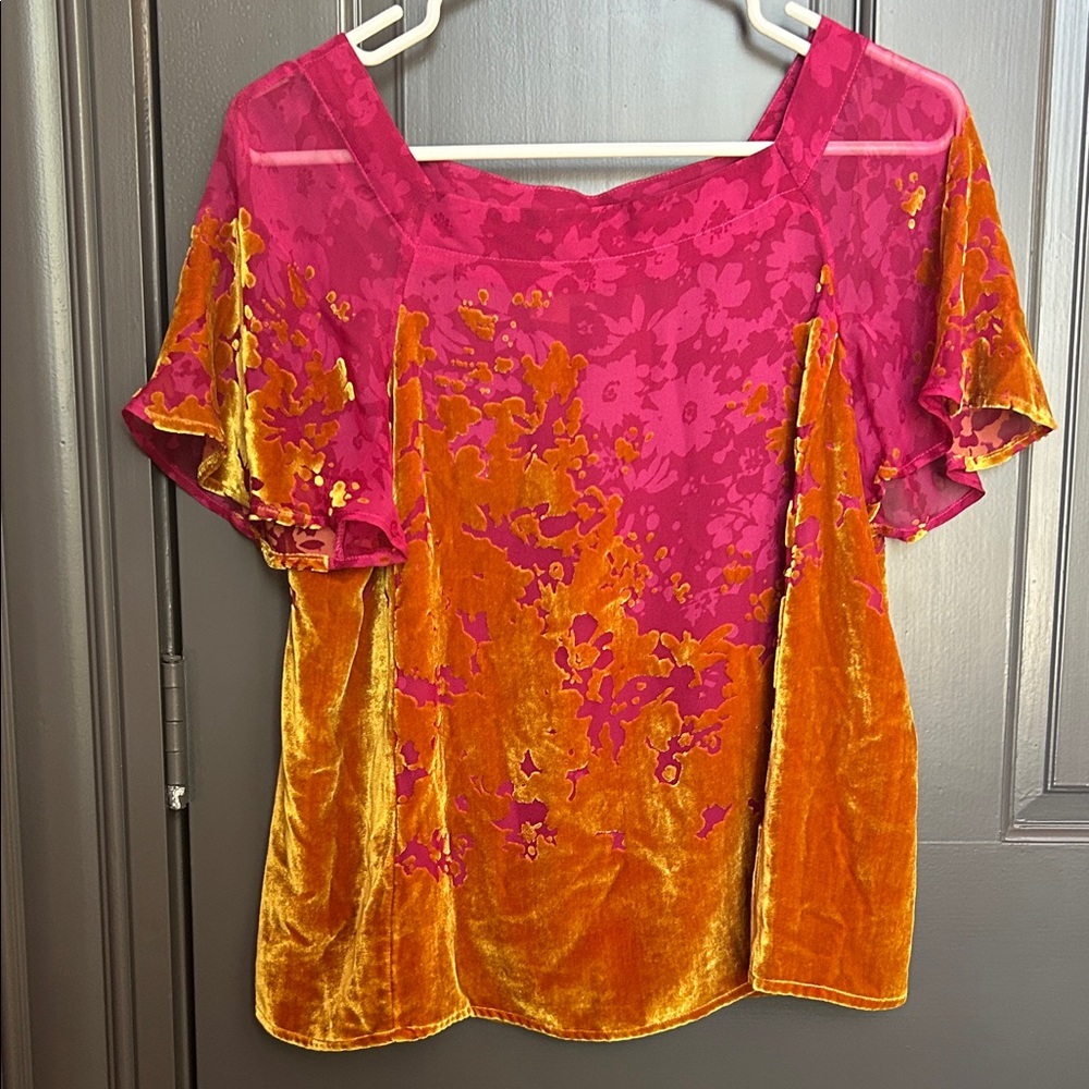 Maeve Pink and Gold Velvet Floral Burnout Top